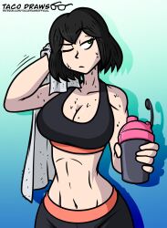 1girls anri_watanabe_(tacodraws) asian asian_female black_hair breasts female female_only green_eyes light-skinned_female light_skin one_eye_closed short_hair sports_bra sportswear sweat tacodraws towel