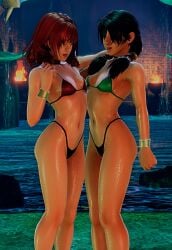 2girls 3d amy_sorel bikini black_hair bracelet breasts cleavage legs looking_at_another low_twintails navel open_mouth red_hair small_breasts smile soul_calibur swimsuit talim thighs thong_bikini wet