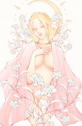 362chrm blonde_hair bottomless cleavage closed_eyes facial_scar female female_only flowers functionally_nude gintama gold_jewelry hair_down harness inner_sideboob jewelry medium_breasts medium_hair moon necklace no_bra no_panties open_clothes partially_clothed smile solo tsukuyo