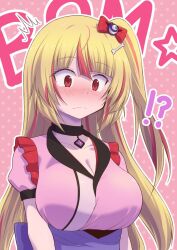 !? ashley_taylor big_breasts blonde_hair blush bone_hair_ornament bow breasts closed_mouth clothed commentary female hair_ornament hairbow highres human human_only large_breasts looking_down magia_record:_mahou_shoujo_madoka_magica_gaiden magical_girl mahou_shoujo_madoka_magica multicolored_hair puella_magi_madoka_magica puffy_short_sleeves puffy_sleeves red_bow red_eyes short_sleeves solo streaked_hair touyu_(yuruyuruto) upper_body wide-eyed young