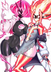 2girls big_breasts breasts child_bearing_hips color colored curvy curvy_female curvy_figure enmoenmo flat_chest flat_chested glowing glowing_eyes glowing_hair hips no_mouth no_sex pink_hair red_body red_hair spright_carrot spright_elf thick_thighs thighs wide_hips women yu-gi-oh!