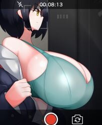 1girls 2022 akamine_miki big_breasts black_hair bra breasts cleavage den_noko female gigantic_breasts glasses huge_breasts locker_room looking_at_another pale-skinned_female sadomizay shirt_down short_hair side_view sideboob solo stripping top_heavy unbuttoned_shirt yellow_eyes