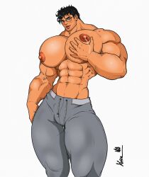 abs areola areolae biceps big_chest big_pecs bulging_biceps donny_(maddonald) erect_nipples glasses hard_nipples huge_chest huge_pecs male male_lactation male_only milk muscle_growth muscles muscular muscular_male pec_squeeze pecs rodrigolandave8 sweatpants thick_thighs twitter_user_oc