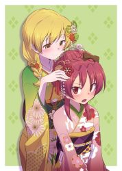 2girls blonde_hair blush commentary female female_only floral_print flower friends hair_bun hair_flower hair_ornament highres human human_only japanese_clothes kimono long_sleeves magia_record:_mahou_shoujo_madoka_magica_gaiden mahou_shoujo_madoka_magica mami_tomoe multiple_girls obi oerba_yun_fang only_female open_mouth pmmm_the_different_story print_kimono puella_magi_madoka_magica red_eyes red_hair red_kimono sakura_kyouko sash sfw simple_background smile textless tomoe_mami touyu_(yuruyuruto) wide_sleeves yellow_eyes yellow_kimono young younger_female yuri