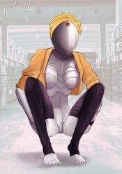 android android_girl atomic_heart black_clothing blonde_hair blurred_background blurry_background crouch crouched crouching crouching_female exposed exposed_breasts exposed_pussy exposed_torso female_only full_body grey_skin high_thighs holding_thigh jacket jacket_open lewdeka looking_at_viewer metallic_body no_face no_genitals no_humans no_nipples no_underwear robot robot_girl robot_humanoid spread_legs spreading spreading_legs the_twins_(atomic_heart) twin_sisters wig