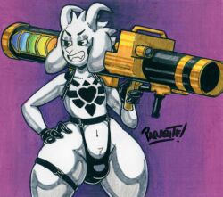 2023 anthro asriel_dreemurr asriel_dreemurr_(god_form) big_bulge big_gun boss_monster bovid bulge caprine clothed clothing curvy_figure eyebrows eyelashes fur girly gloves goat gun hand_on_hip handwear harness hi_res horn huge_thighs legband male male_only mammal markings narrowed_eyes navel parasitedeath purple_background ranged_weapon rocket_launcher signature simple_background smile solo squish standing teeth thick_thighs thigh_squish thighband thong topless topless_anthro topless_male traditional_media_(artwork) tuft undertale undertale_(series) underwear weapon