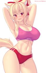 1girls armpits arms_up blonde_hair bloomers breasts buruma cat_ears cat_girl catgirl female high_resolution huge_breasts light-skinned_female light_skin long_hair red_eyes simple_background smile sports_bra sportswear tiffy tiffynyaa