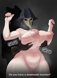 1girls alternate_version_available areolae big_ass bloodborne breasts chubby dialogue disembodied_hands eileen_the_crow female fondling_breast fromsoftware grabbing_from_behind groping_from_behind huge_breasts human hunter_(bloodborne) large_areolae light_skin mask nipples nude pale_skin plague_doctor slushiebest solo_focus sony_corporation sony_interactive_entertainment standing talking text thick_thighs wide_hips