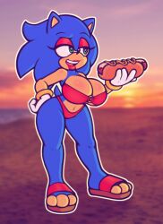 big_breasts bikini breasts chili_dog cleavage female female_focus female_only green_eyes red_bikini red_eyeshadow red_lipstick rule_63 sega smile solo solo_female sonic_(series) sonic_the_hedgehog sonic_the_hedgehog_(series) sonique_the_hedgehog stunnerpony