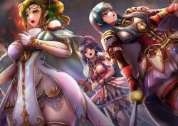 3girls bare_thighs blue_eyes blue_hair boots braid breasts dark_blue_hair defeated eirika_(fire_emblem) elbow_gloves female female_only fire fire_emblem fire_emblem:_the_sacred_stones gloves green_eyes green_hair l'arachel_(fire_emblem) large_breasts light_blue_eyes light_blue_hair long_hair medium_breasts medium_hair miyakura_haruto multiple_girls nintendo open_mouth outdoors petrification ponytail rape shocked skirt spear sword tana_(fire_emblem) thick_thighs thigh_boots thighs twin_braids twintails weapon wide_hips