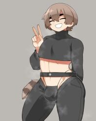 1boy 2022 balls brown_hair bulge closed_eyes clothed clothing femboy human light-skinned_male light_skin long_sleeves maine_delblasc_(xyneas) male male_only mctamagomaki midriff mostly_clothed musk original panties penis penis_in_panties short_hair smile solo standing turtleneck twink v