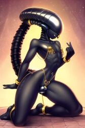 1boy 1male abs ai_generated alien alien_(franchise) alien_humanoid alien_only anthro athletic_male barely_clothed belly belly_button black_body bondage bound bound_arms bra chastity chastity_cage chastity_device clothing cute dark_skin exposed feet femboy femboysub feminine_male fit girly girly_clothing golden_bikini grin hairless hands_behind_back humanoid humanoid_hands jewelry kneeling lingerie looking_at_viewer male male_only male_xenomorph nai_diffusion naked navel no_humans not_furry on_knees panties panties_aside pants pet petite petite_body precum precum_drip precum_string precum_through_clothing presenting seductive sharp_teeth shiny shiny_skin showing_off skimpy skimpy_bikini skimpy_clothes slave slave_bikini slave_outfit slim_waist smile smooth_skin solo spread_legs spreading stable_diffusion sweat tail teeth thick_thighs thighs underwear wide_hips xenomorph