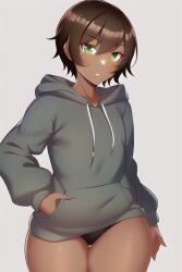 1boy ai_generated black_panties brown_hair dark-skinned_femboy dark-skinned_male dark_hair dark_skin femboy freckles girly green_eyes grey_hoodie hoodie male male_focus male_only nai_diffusion oscar_pine rwby stable_diffusion thick_thighs thighs wide_hips