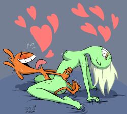 ambiguous_penetration blush cumming_together disney disney_channel female green_skin heart hearts_around_body lord_dominator male moaning_in_pleasure mohawk orange_fur orgasm romantic_sex star_nomad tongue_out umayorokobi wander_(wander_over_yonder) wander_over_yonder wholesome