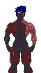 absurd_res anthro anubis_(chupadore) black_body black_eye_(disambiguation) black_fur black_sclera blue_mane burn_scar canid canine chupadore featureless_crotch fox fur hi_res male mammal mane marcy's_lewd_images multicolored_body multicolored_fur muscular muscular_male red_body red_fur scar scars_all_over solo two_tone_body two_tone_fur yellow_eyes