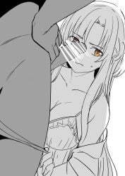 1boy agil breasts dark_skin female h2o_(ddks2923) highres interracial large_breasts large_penis lingerie long_hair looking_to_the_side monochrome netorare non-web_source penis sword_art_online underwear undressing_another unsure very_long_hair yuuki_asuna