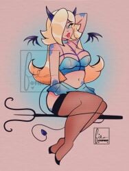 1girls blonde_hair blue_eyes breasts female female_only fiepinup hair_over_one_eye horns lingerie lips lipstick long_hair mario_(series) nintendo platinum_blonde_hair princess_rosalina solo tagme voluptuous