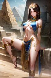 ai_generated belly_dancer egyptian egyptian_female exotic harem_outfit jewelry looking_at_viewer pyramid shoes short_hair sitting