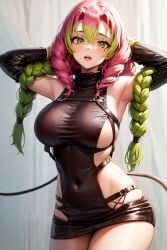 ai_generated armpits arms_behind_head artist_request braid breasts covered_navel demon_slayer dominatrix female femdom green_eyes green_hair high_resolution kanroji_mitsuri kimetsu_no_yaiba large_breasts lips looking_at_viewer mole mole_on_cheek mole_under_eye mommy multicolored_hair no_bra no_bra_under_clothes open_mouth pink_hair rakosz1 revealing_clothes sideboob solo strap thighs tied_hair tight_clothes tight_clothing twin_braids upper_body