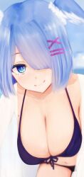 big_breasts bikini black_bikini blue_hair bob_cut breasts cleavage elira_pendora hair_ornament hair_over_one_eye head_wings kongarimg large_breasts leaning_forward mole mole_on_armpit mole_on_breast navel nijisanji nijisanji_en sheer short_hair smile swimsuit swimwear translucent_clothing virtual_youtuber