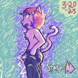 abstract_background anthro ass bottomwear bulge clothing domestic_cat felid feline felis femboy girly glistening glistening_body glowing green_background hair male mammal pants purple_background simple_background solo sparkles sparkling_eyes staplerad