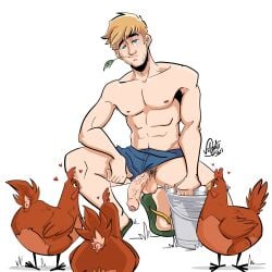 boner chickens erect_penis erection farmer hard_on hole_(anatomy) looking_at_viewer male male_only muscles muscular muscular_male penis_through_leghole squatting uncut veiny_penis velgaty wheat_in_mouth