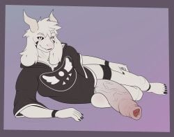 anthro asriel_dreemurr asriel_dreemurr_(god_form) balls big_balls big_penis bottomless claws clothed clothing flaccid foreskin futa_only genitals hi_res huge_balls huge_cock hyper hyper_balls hyper_genitalia hyper_penis looking_at_viewer lying male male_focus male_only on_side penis rokie38 solo solo_male toe_claws undertale undertale_(series)