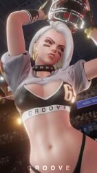 1girls 3d ashe_(overwatch) clothed croove earrings female female_only football football_uniform hoop_earrings overwatch red_eyes solo tagme white_hair