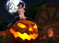 1girls 3d aztharoth_(aztharoth11) barbell_piercing big_breasts blizzard_entertainment halloween holtart human human_(world_of_warcraft) light-skinned_female light_skin nipple_piercing original_character solo thighhighs warcraft white_hair witch_hat world_of_warcraft