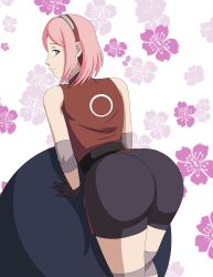 1girls ass behind_view bent_over bike_shorts bubble_ass bubble_butt clothed clothed_female clothes clothing dat_ass elbow_pads elmonais female female_only forehead_jewel fully_clothed gloves green_eyes headband looking_at_viewer looking_back naruto naruto:_the_last naruto_(series) naruto_shippuden pink_hair pose posing round_ass sakura_haruno short_shorts shorts solo solo_female solo_focus tight_clothing tight_fit tight_shorts