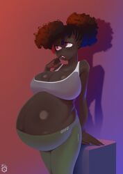 1girls bikupan black_hair breasts cleavage dark-skinned_female dark_skin female female_only gry_mburu_(bikupan) highres huge_belly huge_breasts outie_navel pregnant ready_to_pop red_eyes solo solo_female solo_focus yoga_pants