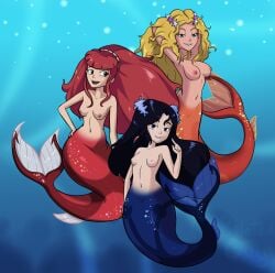 2010s 2018 3girls 5_fingers blue_tail breasts cleo_(h2o:mermaid_adventures) emma_(h2o:mermaid_adventures) eyes female female_focus female_only fin h2o:mermaid_adventures hair hair_accessory humanoid long_hair mermaid mermaid_tail multiple_girls netflix nipples open_eyes outdoors png red_tail relatedguy rikki_(h2o) scales signature smile teeth underwater water