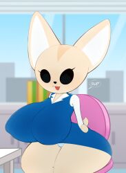 1girls aggressive_retsuko aggretsuko anthro breast dot_eyes dress english_text female female_focus female_only fennec fenneko furry hips hyper_breasts large_breasts mu111777 nipple_bulge panties sanrio shortstack sitting smooth_fur tan_fur text thick_thighs thighs underwear wide_hips