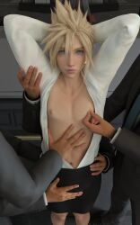 3d blonde_hair blue_eyes bulge bulge_through_clothing cloud_strife crossdressing emberstock femboy final_fantasy final_fantasy_vii final_fantasy_vii_remake girly groping looking_at_viewer multiple_boys office_clothing office_lady open_shirt pretty_boy secretary secretary_outfit shirt skirt yaoi