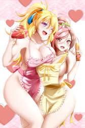 2girls absurd_res apron apron_only blonde_hair brown_eyes brown_hair chocolate hair_ornament hair_ribbon heterochromia kimmy77 long_hair multicolored_hair multiple_girls neo_(rwby) nipple_slip pink_eyes pink_hair ribbon rooster_teeth rwby smile smiling smiling_at_another smiling_at_viewer thick_thighs third-party_edit tied_hair valentine's_day yang_xiao_long yuri