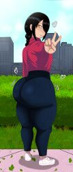 1girls ass big_ass big_butt chainsaw_man city_background clothed clothing female female_only large_ass looking_at_viewer looking_back nayuta_(chainsaw_man) peace_sign pear-shaped_figure pear_shaped short_hair solo solo_female standing thick_thighs yamathegod