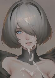 after_fellatio ai_generated blue_eyes close-up cum cum_on_breasts cum_on_face cumshot dripping dripping_cum facial fakeshit hairband nier:_automata no_blindfold one_eye_covered stable_diffusion wavy_hair yorha_2b