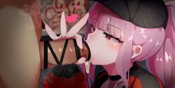 baseball_cap black_headwear black_track_suit cum cum_in_mouth fellatio female handjob hat heart highres hololive hololive_english hololive_myth long_hair meshiiro_(rome_sy) meshiirome_sy mori_calliope oral penis pink_eyes pink_hair ponytail shirt track_suit virtual_youtuber white_shirt