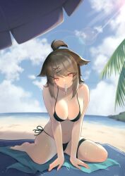 1girls animal_ear_fluff animal_ears arknights arm_support bare_shoulders beach belly belly_button big_breasts bikini black_underwear breasts brown_hair busty cleavage cloud collarbone curvaceous curvy cutter_(arknights) day ear_piercing female female_only floppy_ears fox_ears fox_girl hair_ornament hairclip huge_breasts jewelry jiusan_naitan kneeling kneeling_down kneeling_on_floor large_breasts legband light-skinned_female light_skin looking_at_viewer melting_popsicle midriff navel outdoors palm_tree popsicle popsicle_in_mouth red_eyes sand sea seductive seductive_eyes seductive_look seductive_mouth seductive_pose sitting solo solo_female spread_legs stomach string_bikini swimsuit thick_legs thick_thighs thighs tied_hair towel umbrella voluptuous wide_hips