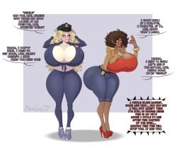 2girls ass_expansion bimbo bimbofication bra brainwashing breast_expansion dialogue female hair_color_change high_heels huge_ass huge_breasts lip_expansion maxtyan-tf mid-transformation police_uniform policewoman revealing_clothes thick_lips thick_thighs thigh_expansion transformation