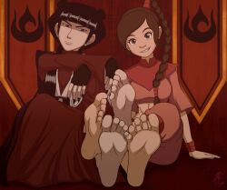 2girls avatar_the_last_airbender barefoot clothed clothed_female clothing feet feet_focus female female_only foot_fetish foot_focus fully_clothed mai_(avatar) multiple_girls no_shoes no_socks presenting_feet red_light retrofaptor soles toenails toes ty_lee