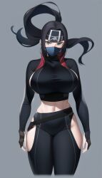 ai_generated black_hair blue_eyes curvy curvy_figure dark_clothing headband huge_breasts long_hair looking_at_viewer masked nai_diffusion ninja_clothes ninja_girl shiny_clothes shiny_skin stable_diffusion thick_thighs wide_hips