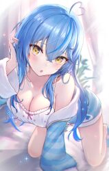 1girls bare_shoulders blue_hair blush breasts cute cute_expression cute_eyes cute_face doggy_style_position elf_ears hand_on_head heart_hair_ornament hi_res hololive hololive_gen_5 hololive_japan imminent_oral imminent_sex o.o pajamas seductive seductive_gaze seductive_look seductive_pose small_mouth tokisaka_makoto virtual_youtuber yellow_eyes yukihana_lamy