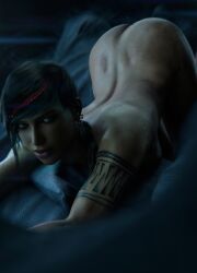 3d bed big_ass blue_eyes brown_body brown_skin female gears_of_war gears_of_war_4 gears_of_war_5 kait_diaz microsoft nude nude_female pose short_hair skstalker solo tattoo xbox_game_studios