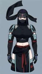 ai_generated big_breasts brown_hair curvy dark_clothing golden_eyes headband long_hair looking_at_viewer nai_diffusion ninja_clothes ninja_girl stable_diffusion