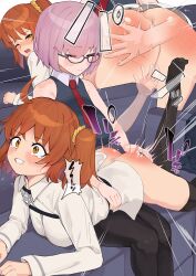 2girls age_regression aged_down bare_ass bent_over blush chaldea_uniform crying fate_(series) fujimaru_ritsuka_(female) glasses mash_kyrielight multiple_girls nanasumin orange_eyes orange_hair pink_hair reddened_butt spanking sweat tears yuri