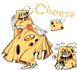 2023 among_us black_eyes cheese cheese_toppin cleavage_cutout crewmate_(among_us) elbow_gloves female food_clothing full_body garter_straps gijinka gown holes humanized kaircorvus multiple_images name_drop noseless orange_hair pizza_tower safe sfw short_hair solo stockings toppin_gals toppin_gals_minus8 yellow_clothing yellow_skin