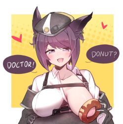 1girls animal_ear_fluff animal_ears arknights bangs beret big_breasts blush breast_out breasts busty cleavage collarbone covered_nipples ditienan_ddn doughnut dur-nar_(arknights) food fox_ears fox_girl gloves gradient_background hair_ornament half-closed_eyes hat heart hearts horny huge_breasts inviting large_breasts light-skinned_female light_skin long_sleeves looking_at_viewer massive_breasts military military_hat military_uniform naughty_face naughty_smile one_breast_out open_mouth open_smile purple_eyes purple_hair seductive seductive_gaze seductive_look seductive_smile shirt shirt_aside short_hair smile smug text wide_sleeves yellow_background