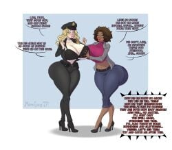 2girls ass_expansion bimbo bimbofication bra brainwashing breast_expansion dialogue female hair_color_change huge_ass huge_breasts lip_expansion maxtyan-tf mid-transformation police_uniform policewoman revealing_clothes thick_lips thick_thighs thigh_expansion transformation