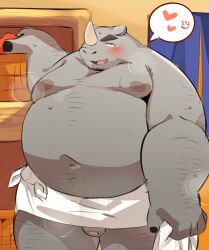 0119_muu 2023 anthro blush detailed_background genitals grey_body heart hi_res kemono male male_only mammal moobs navel nipples overweight overweight_male penis rhinoceros solo towel